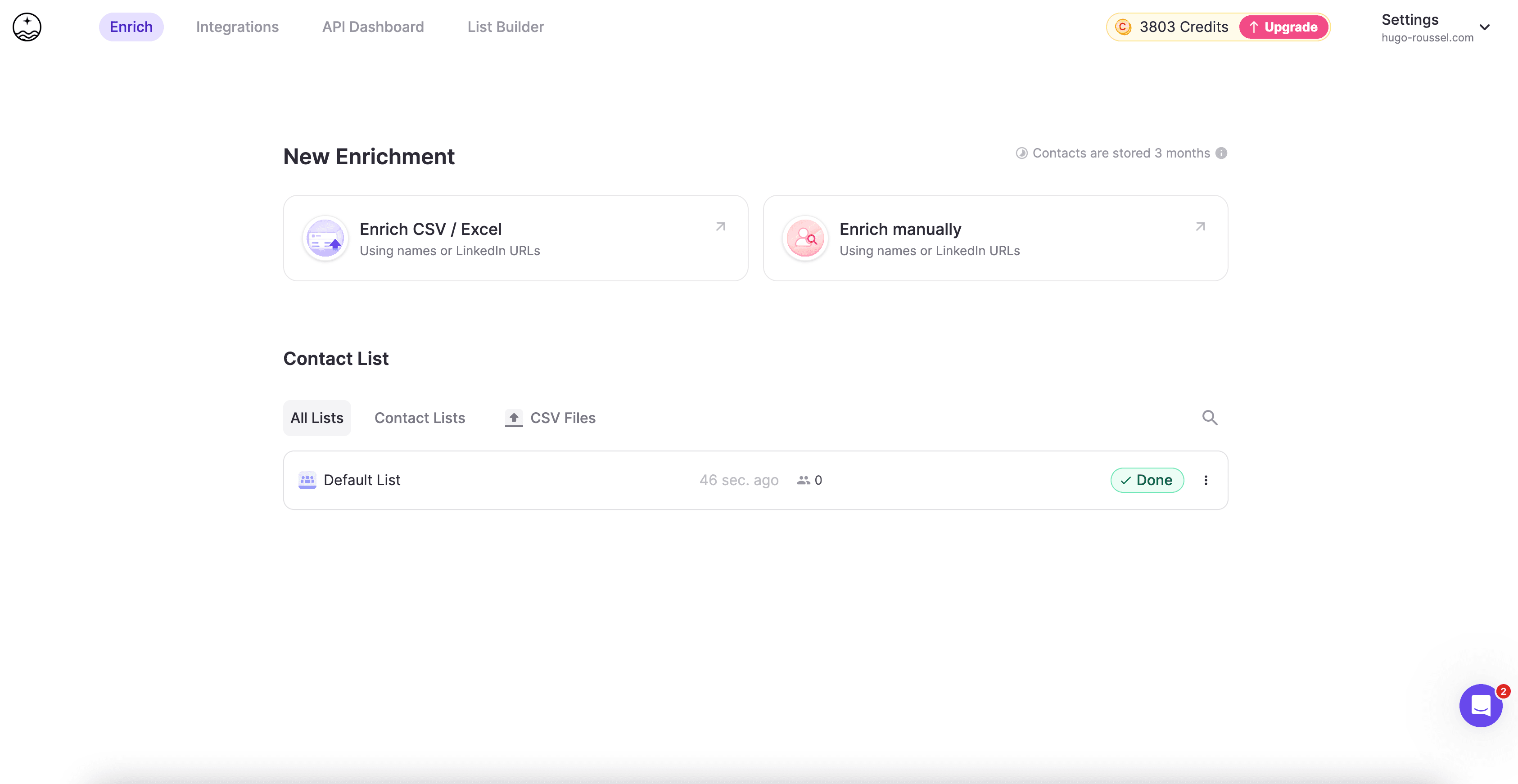 FullEnrich web application showing its enrichment workspace and navigation
