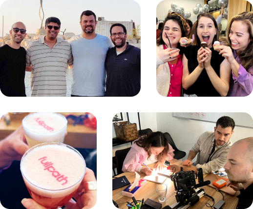 Fullpath recruiting collage showing colleagues, celebrations and branded drinks