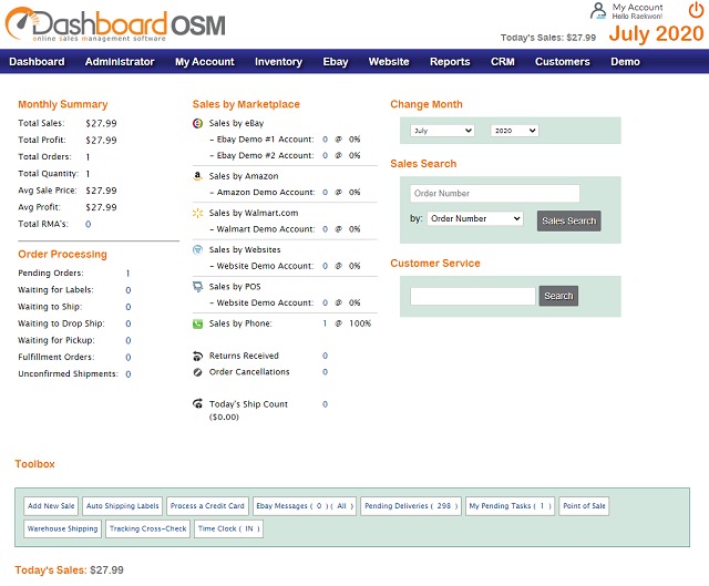 Dashboard OSM software interface showing sales and operations panels