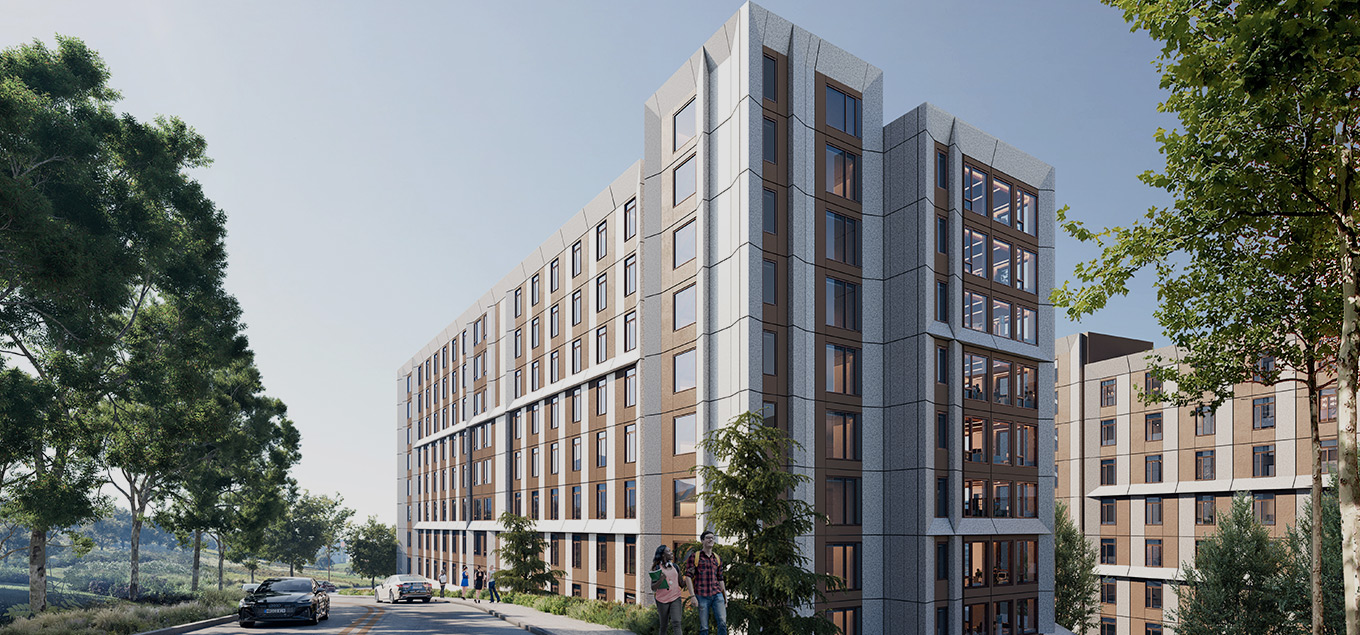 Rendering of a new multistory Cal Poly student housing building among mature trees