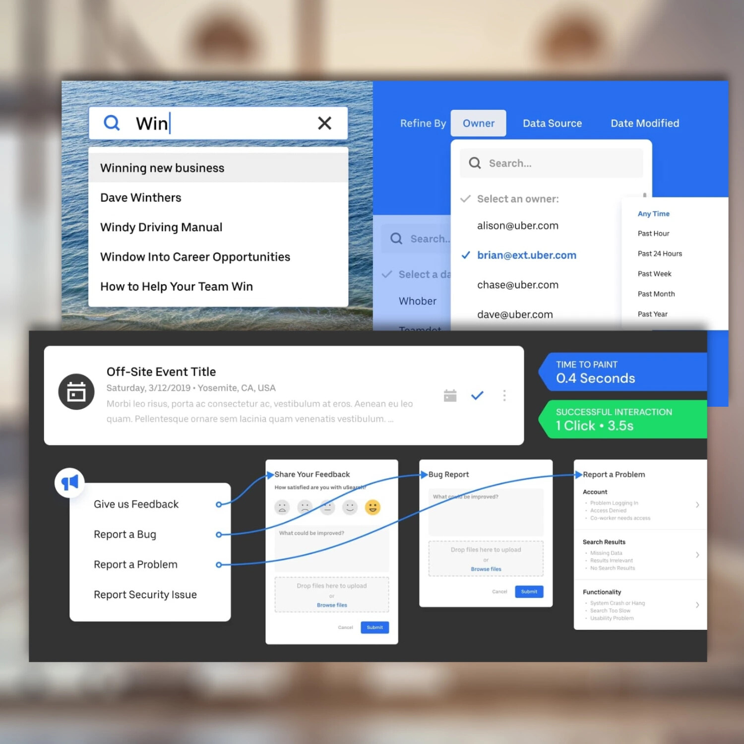 Composite of interface screens from Uber's uSearch internal search tool