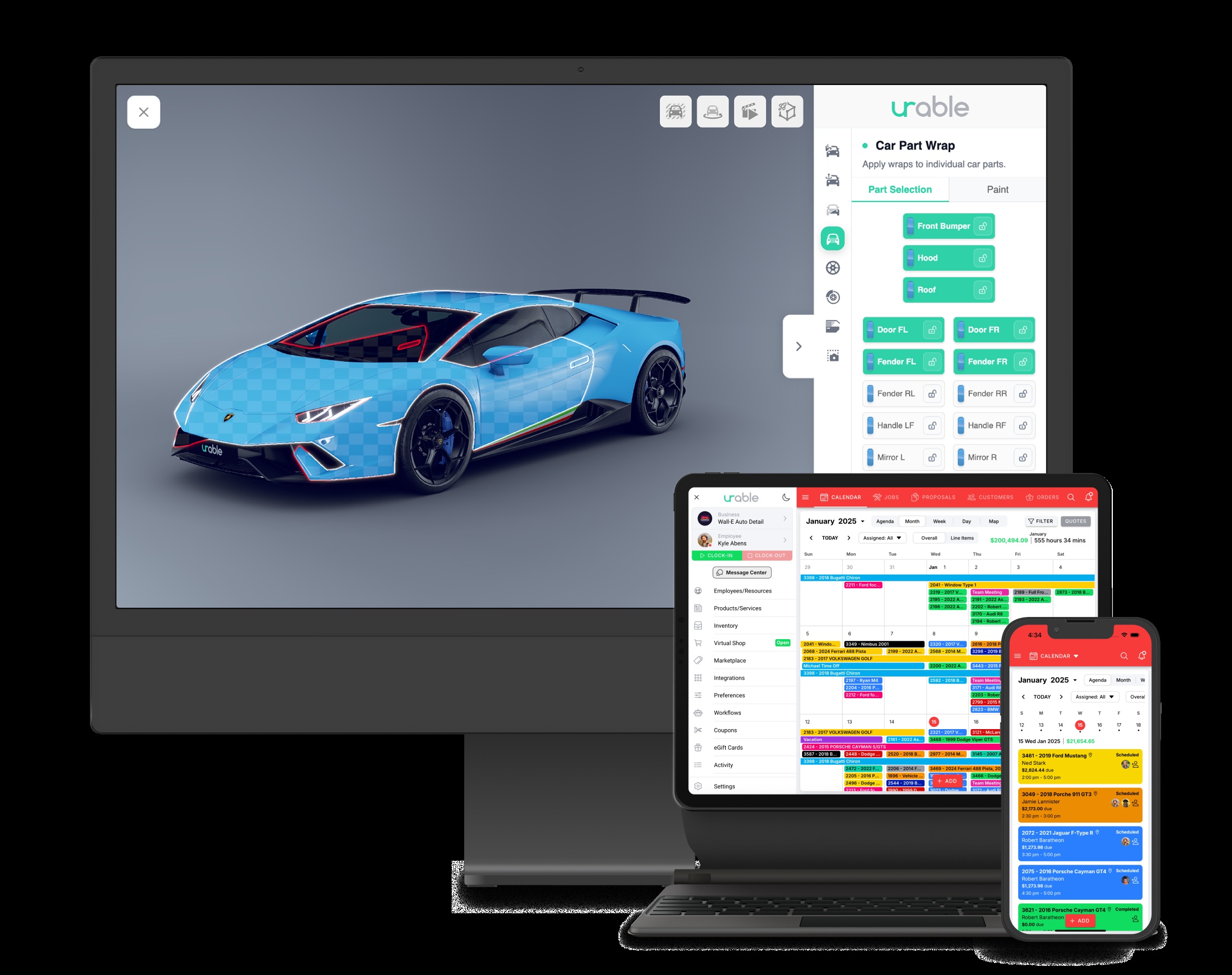 Urable product montage showing a car wrap visualizer on a desktop monitor and job calendars on a tablet and phone