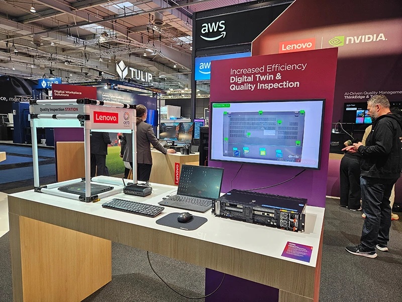 Lenovo and CERTI visual-inspection station displayed with a computer and quality-control screen