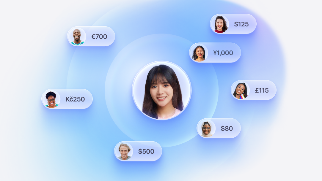 Fundraise Up illustration of a supporter surrounded by donations in several currencies