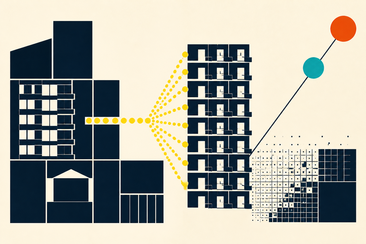 Abstract Swiss-style composition of buildings, fractional yellow units, a data grid and rising circles