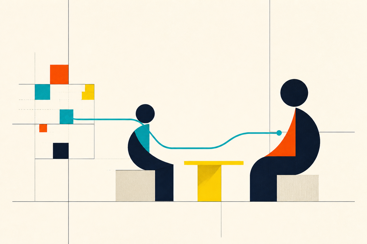 Abstract geometric illustration of a student and teacher connected across a yellow table