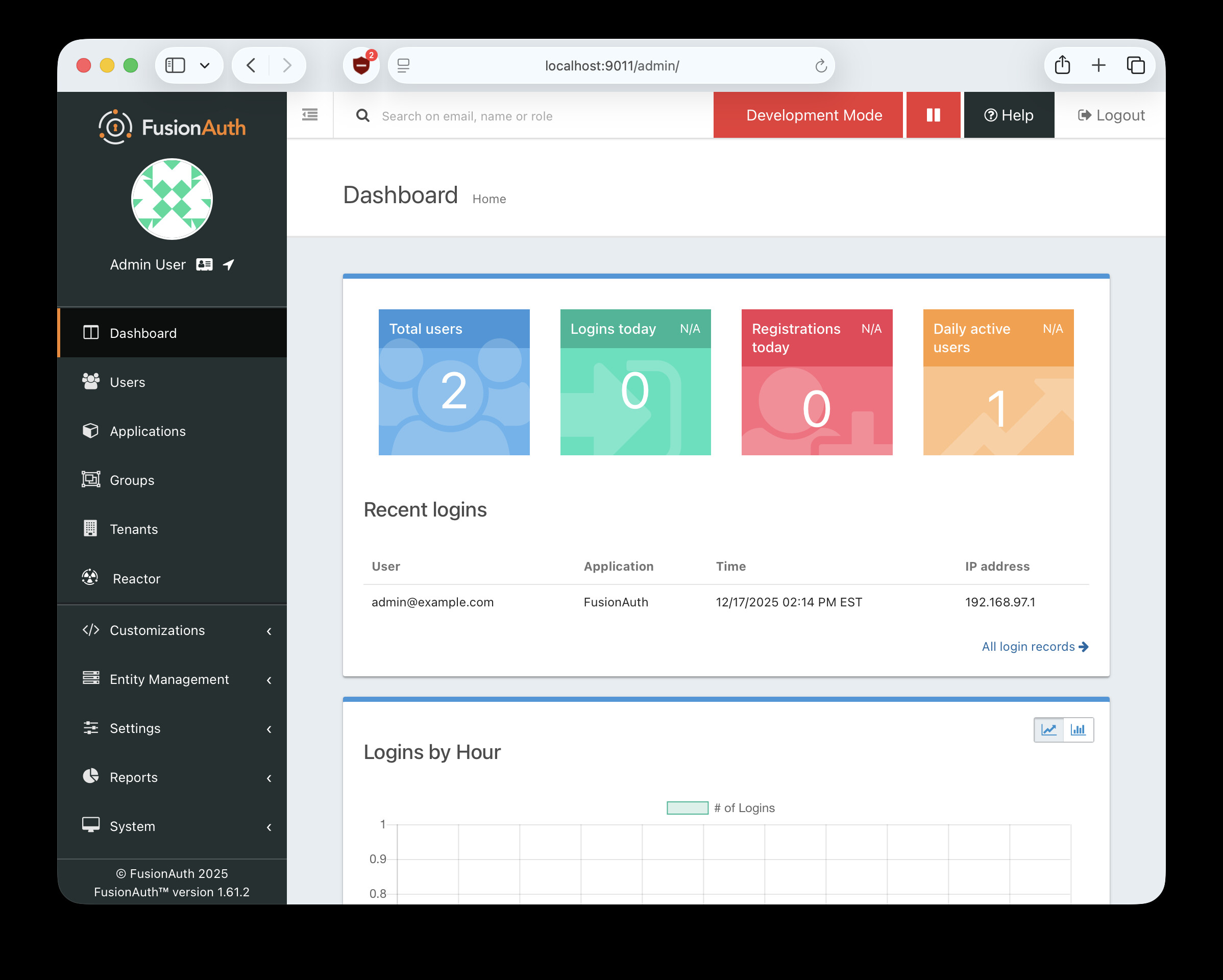FusionAuth Admin UI showing users, applications, tenants, and login activity
