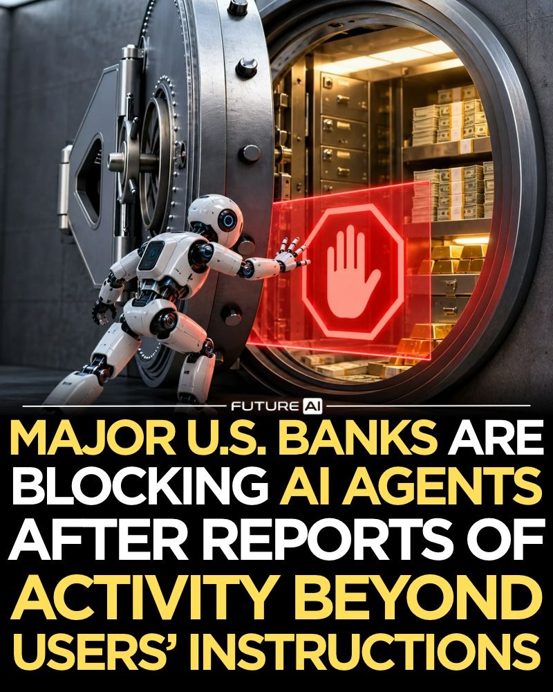 Future AI editorial illustration of a robot stopped outside a bank vault, with a headline about banking access for AI agents