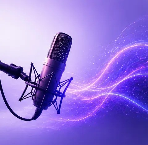 A studio microphone dissolving into a stream of light and data
