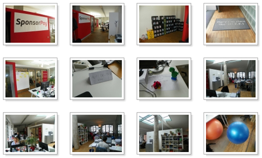 Archival collage of SponsorPay’s Berlin office, showing workspaces, meeting rooms and its old red signage
