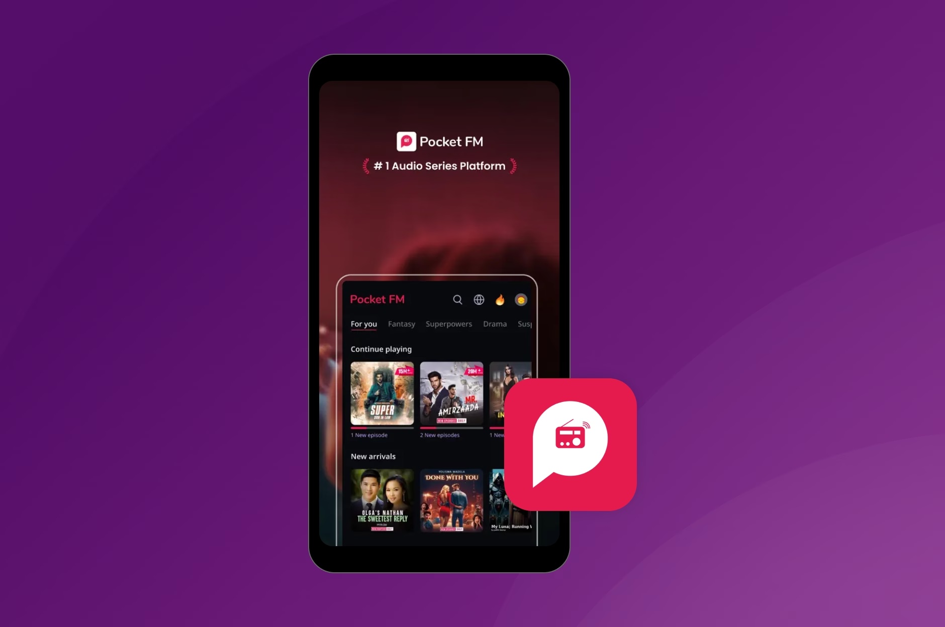 Pocket FM app shown on a phone in Digital Turbine’s offerwall case-study artwork