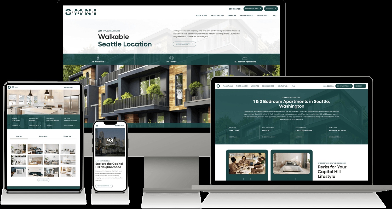 RealPage Demand Marketing example of the Omni apartment website displayed on desktop, laptop, tablet and phone