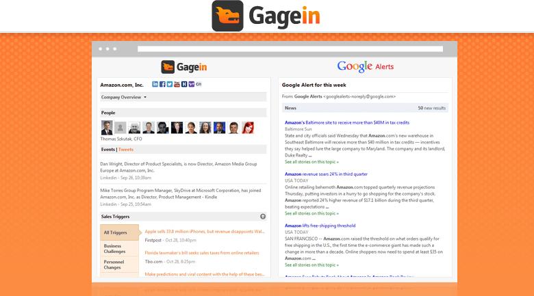Historical Gagein interface shown next to a Google Alerts email in a 2013 comparison graphic