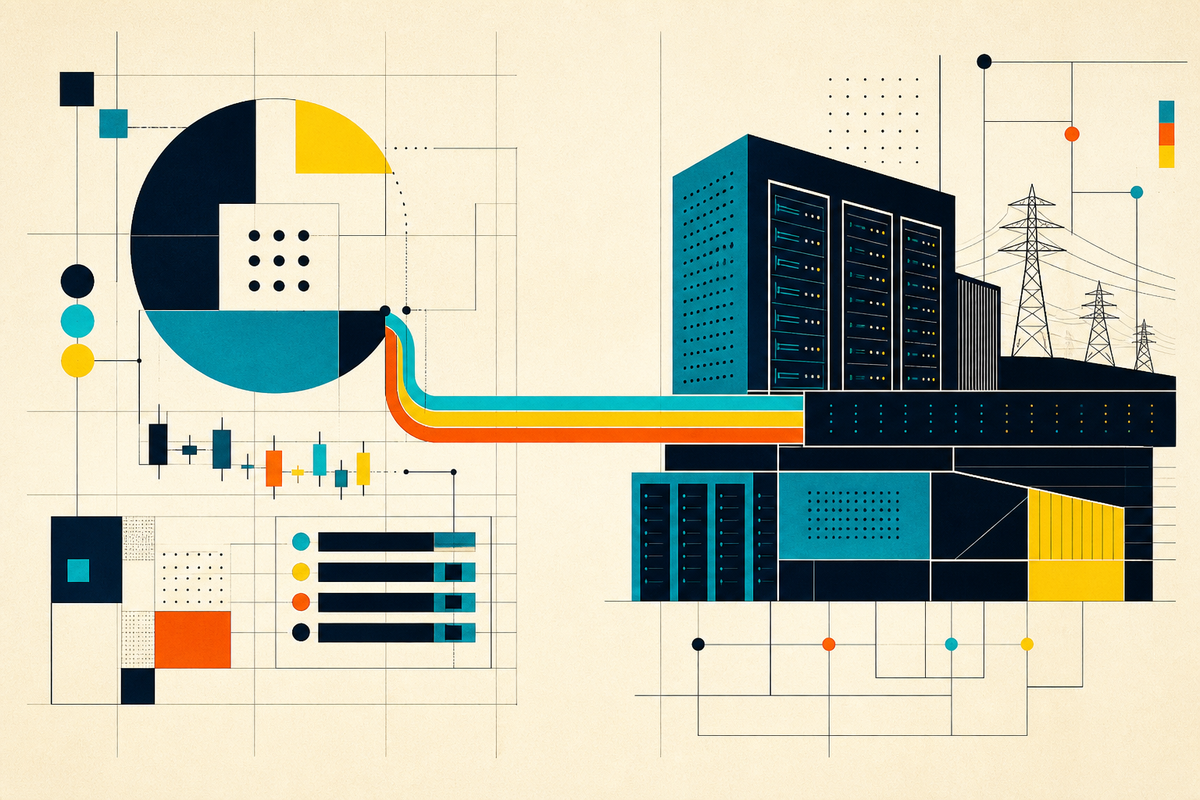 Abstract Swiss-style illustration connecting financial-market geometry to a power grid and data-center campus