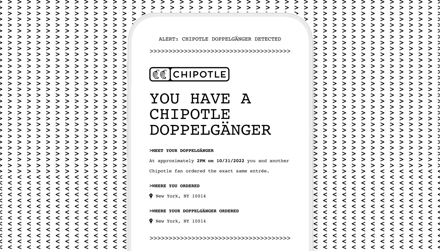Chipotle Doppelgänger campaign: an email displayed on a phone
