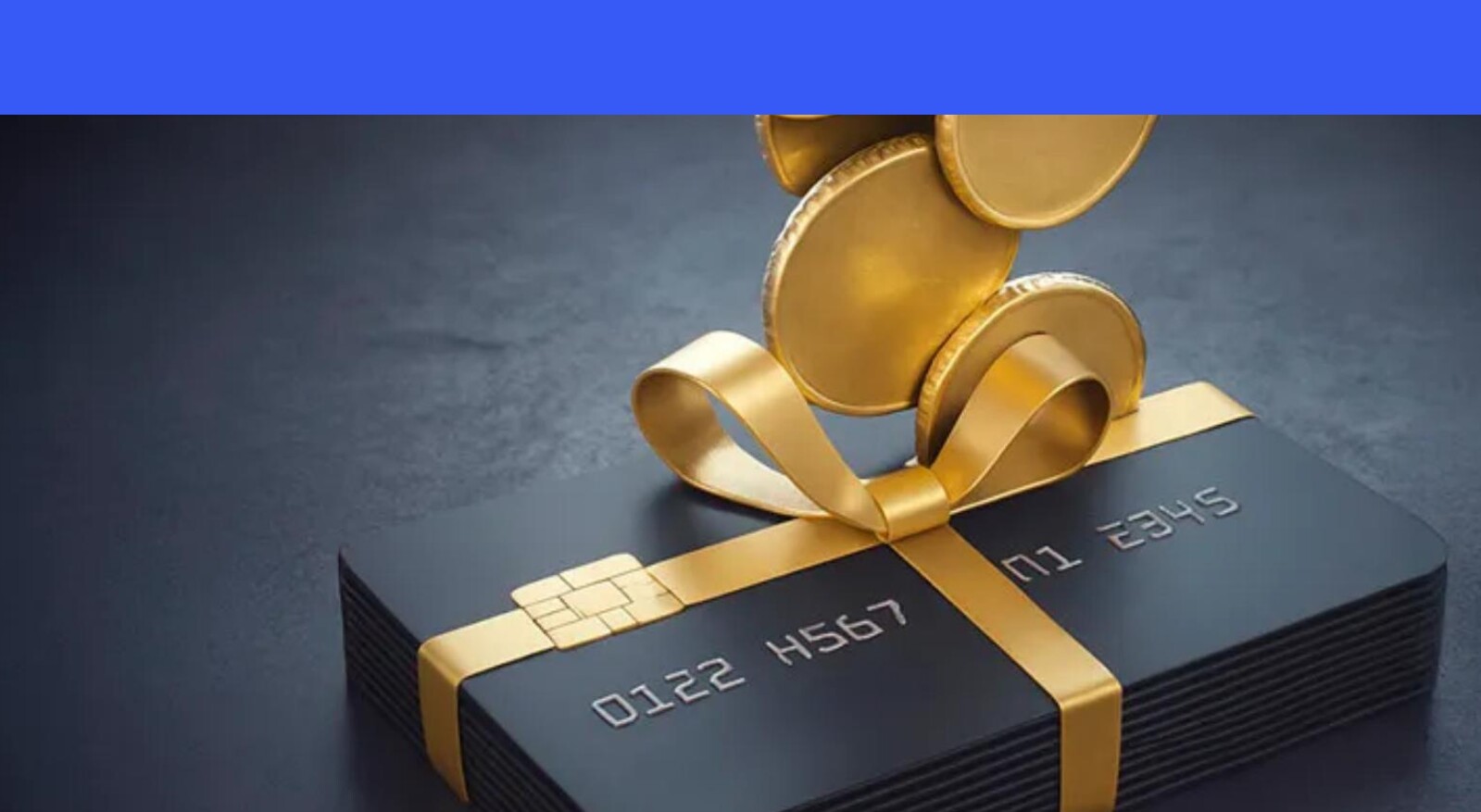 A stack of black payment cards wrapped like a gift beneath falling gold coins