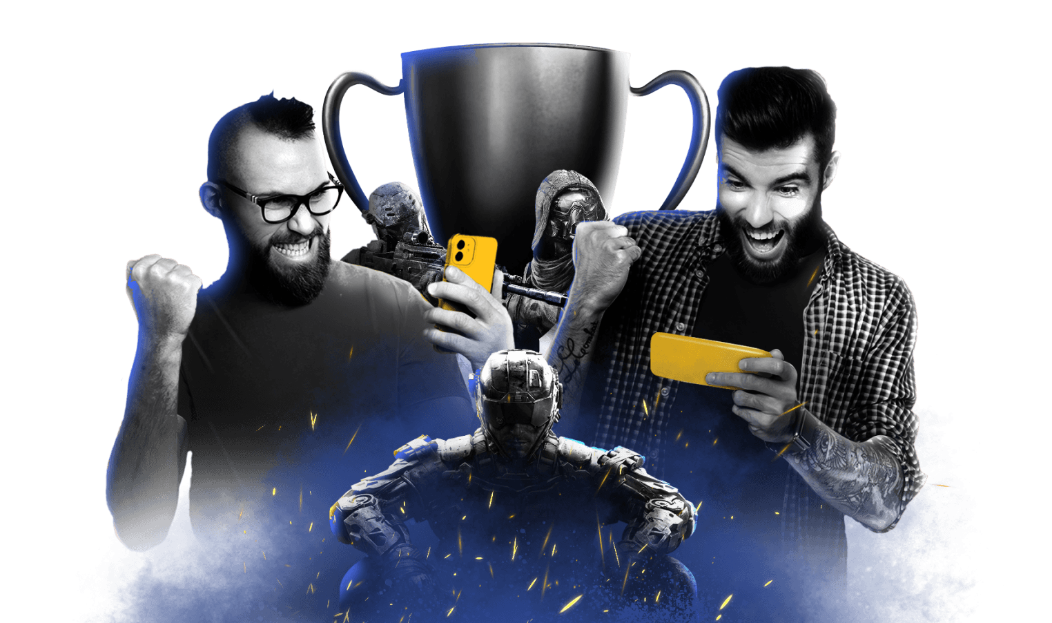 Official game.tv promotional artwork with gamers, phones and a tournament trophy