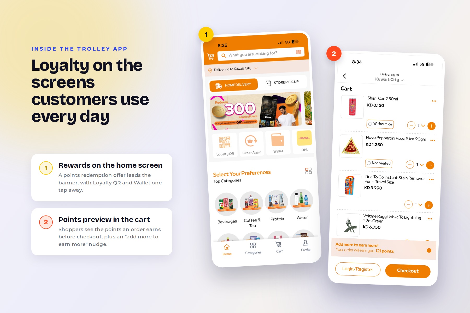 Trolley app screens showing a loyalty reward on the home screen and points preview in the shopping cart