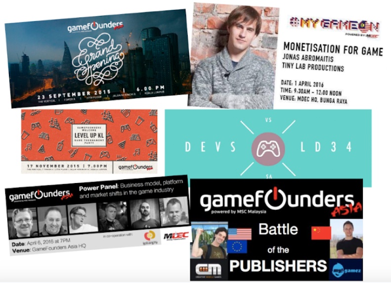 Collage of GameFounders Asia event posters covering monetisation, publishers, business models and a developer event