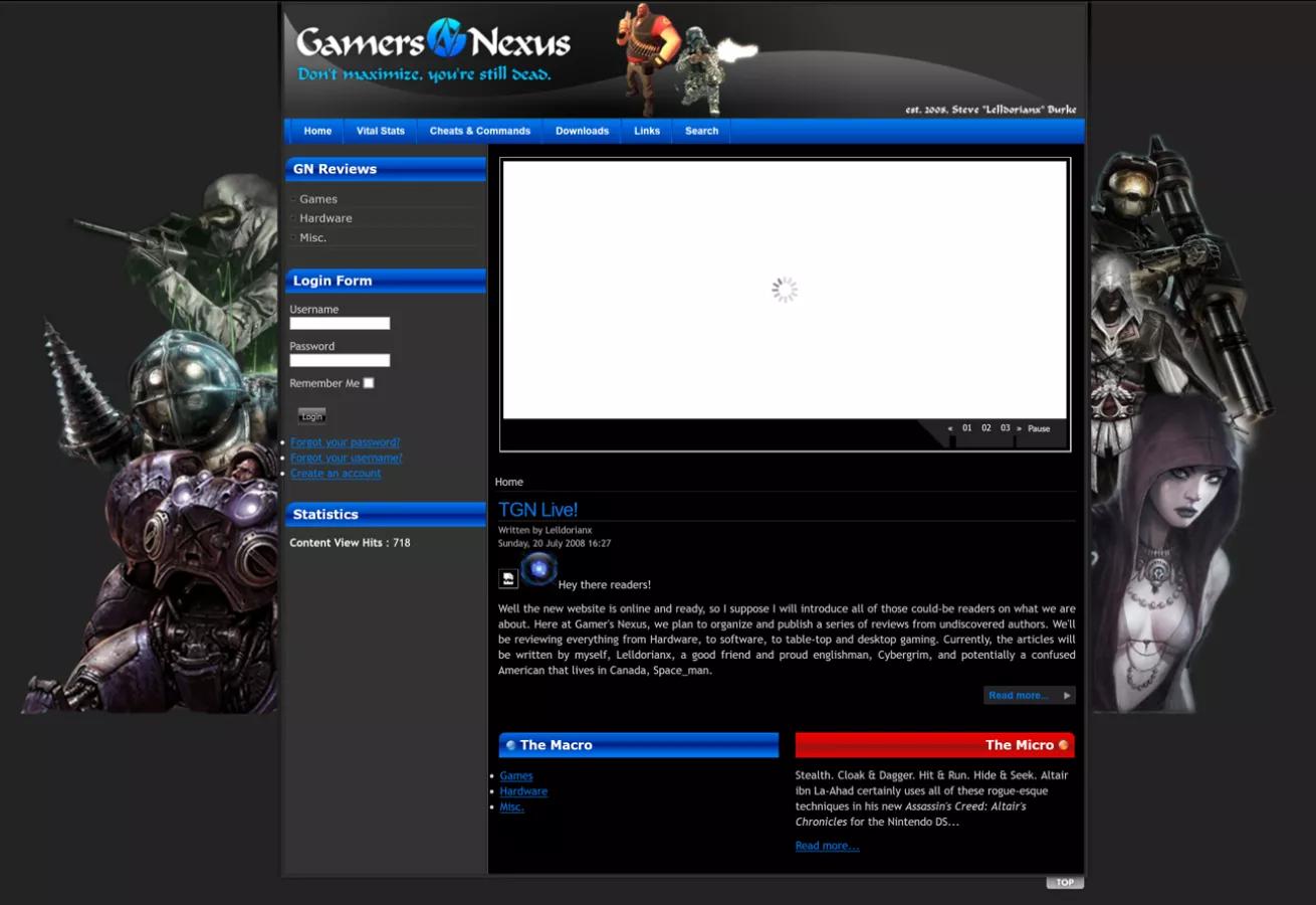 Screenshot of the early GamersNexus website with game-themed graphics and a July 2008 post