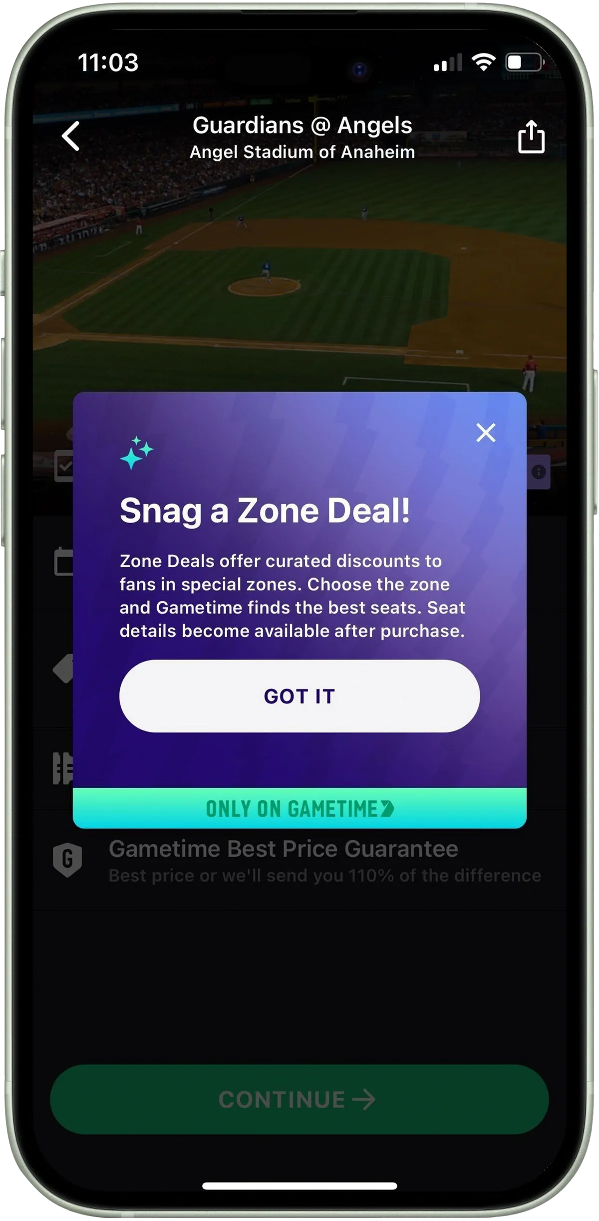 Gametime product screenshot showing a Zone Deal ticket listing