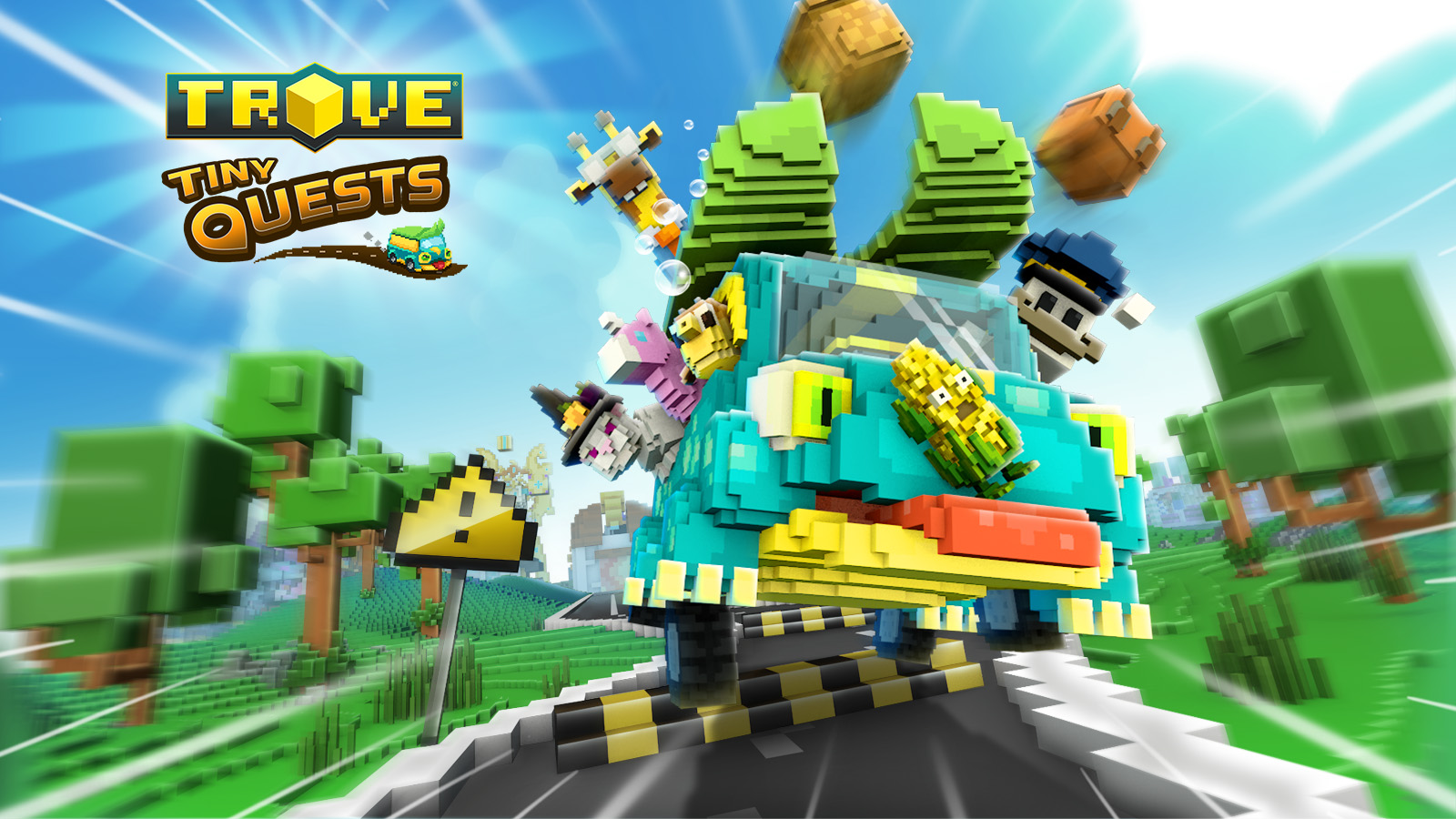 Trove Tiny Quests promotional art showing small block-shaped companions riding a colourful bus