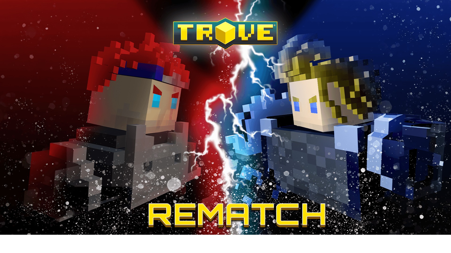Trove Rematch promotional artwork with two block-shaped combatants facing each other