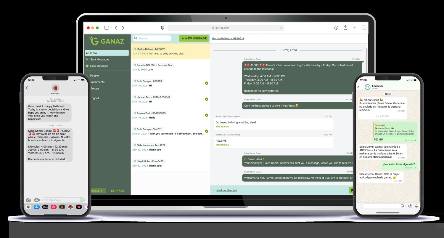 Ganaz messaging shown on a laptop and two phones, with the same alert in English and Spanish over SMS and WhatsApp.