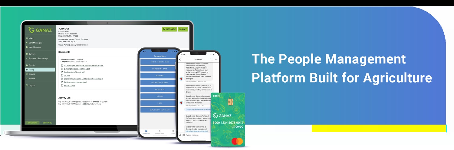 Ganaz hiring dashboard, document-scanner phone screens, and the green Ganaz Mastercard payroll card.