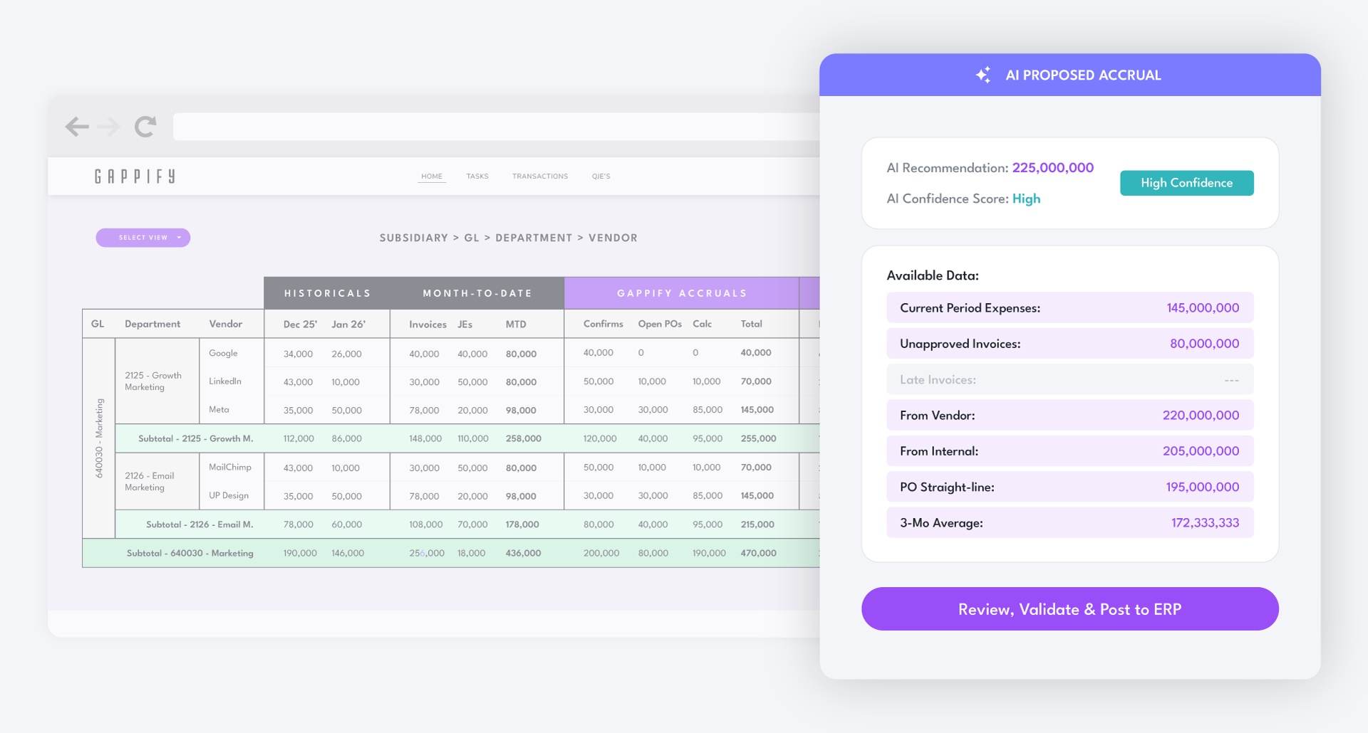 Gappify product illustration showing an AI-proposed accrual alongside available financial evidence
