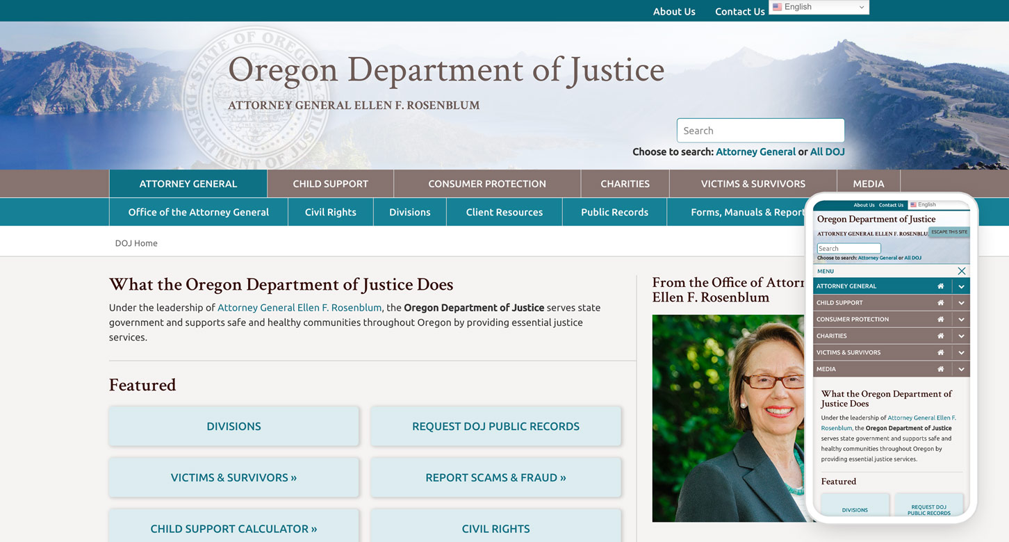Oregon Department of Justice website shown on desktop and mobile screens