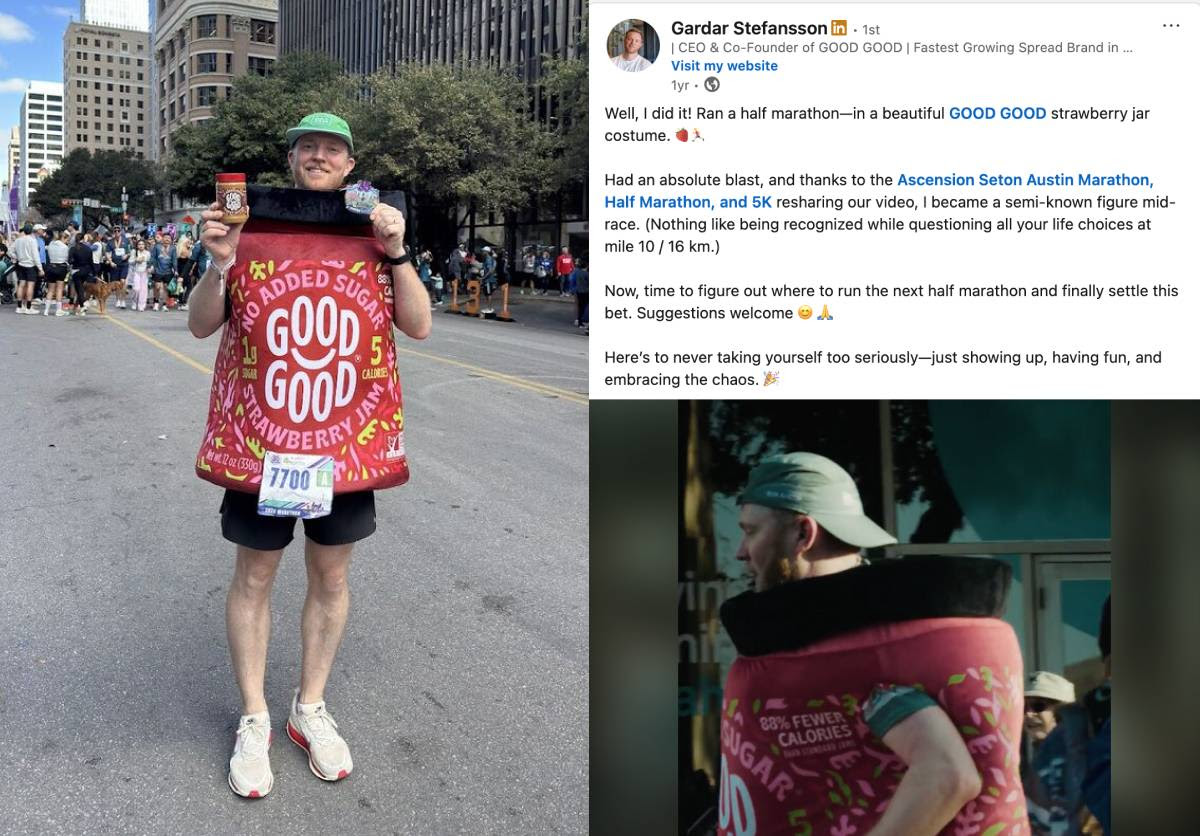 Gardar Stefansson wearing a GOOD GOOD strawberry jam costume after a race in Austin