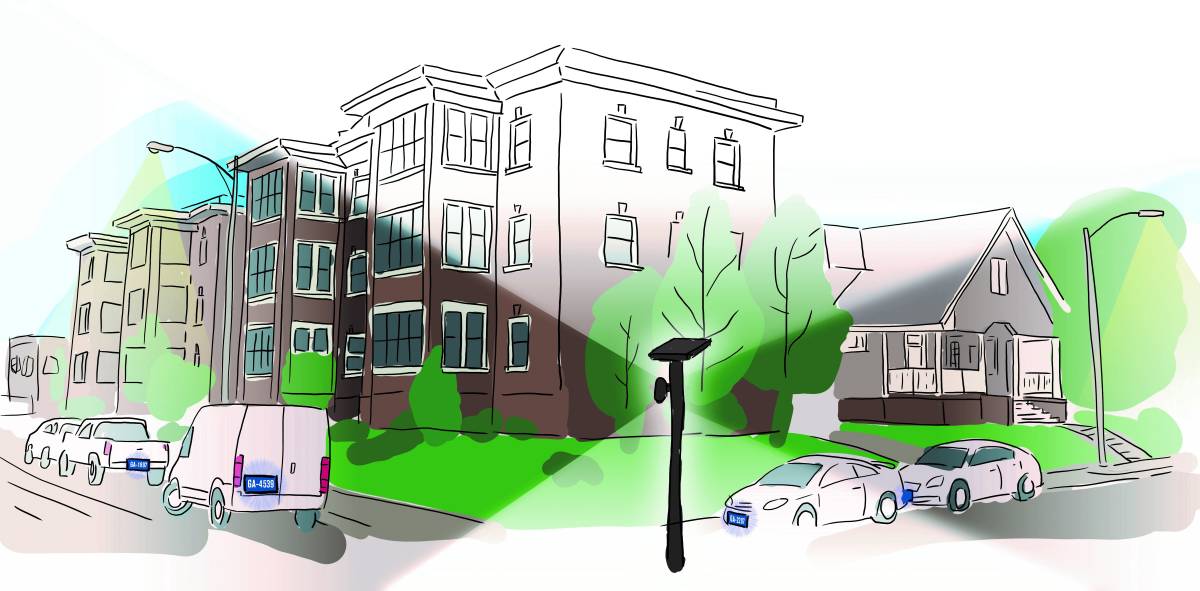 Illustration showing a street camera between neighborhood homes and passing cars