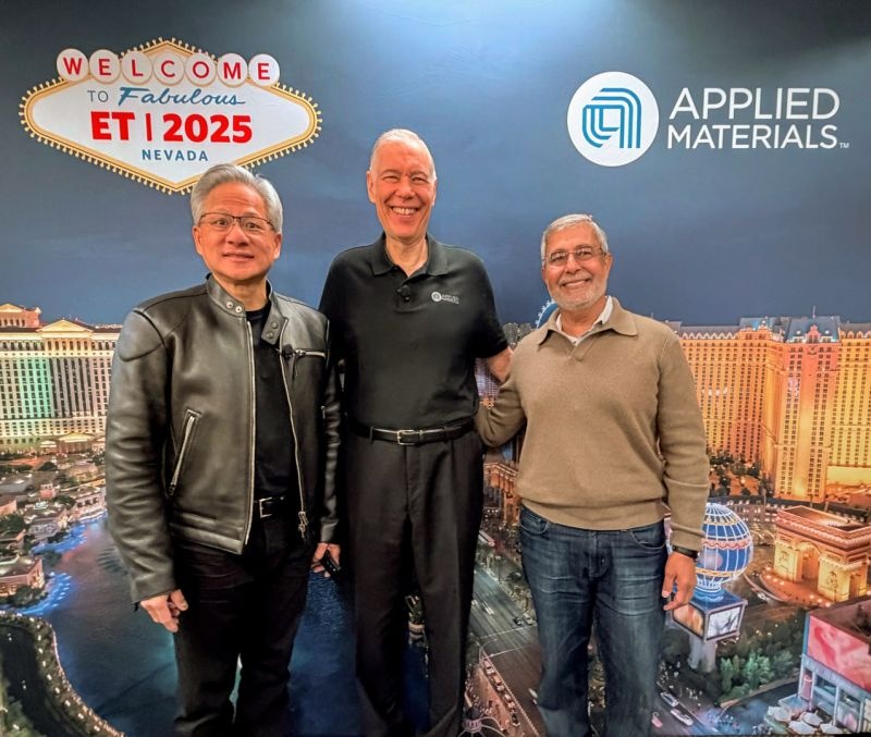Jensen Huang, Gary Dickerson and Sanjay Mehrotra standing together at Applied Materials’ ET 2025 conference