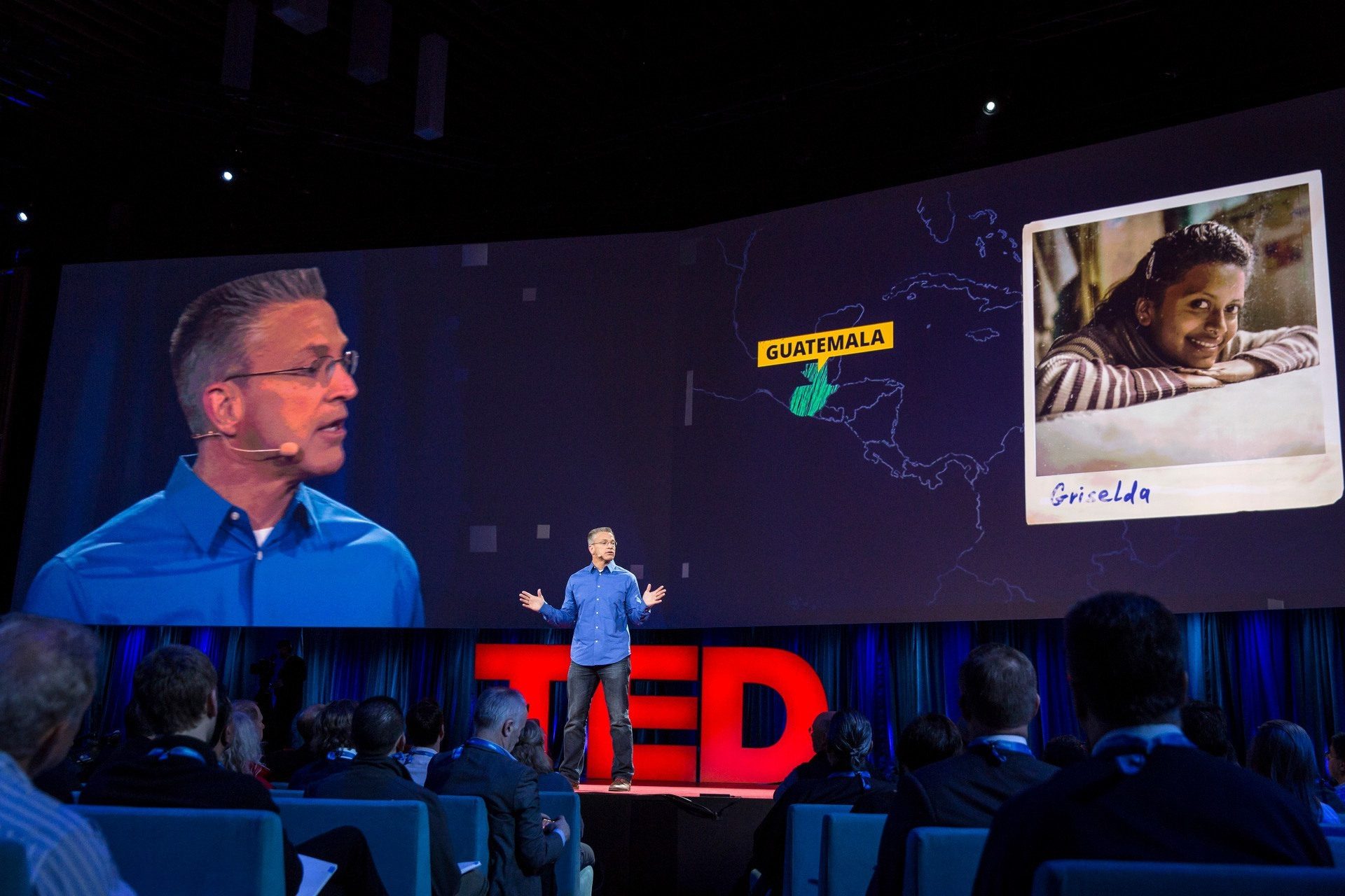 Gary Haugen speaking on the TED stage in 2015 beside a screen showing Guatemala and a photograph labeled Griselda
