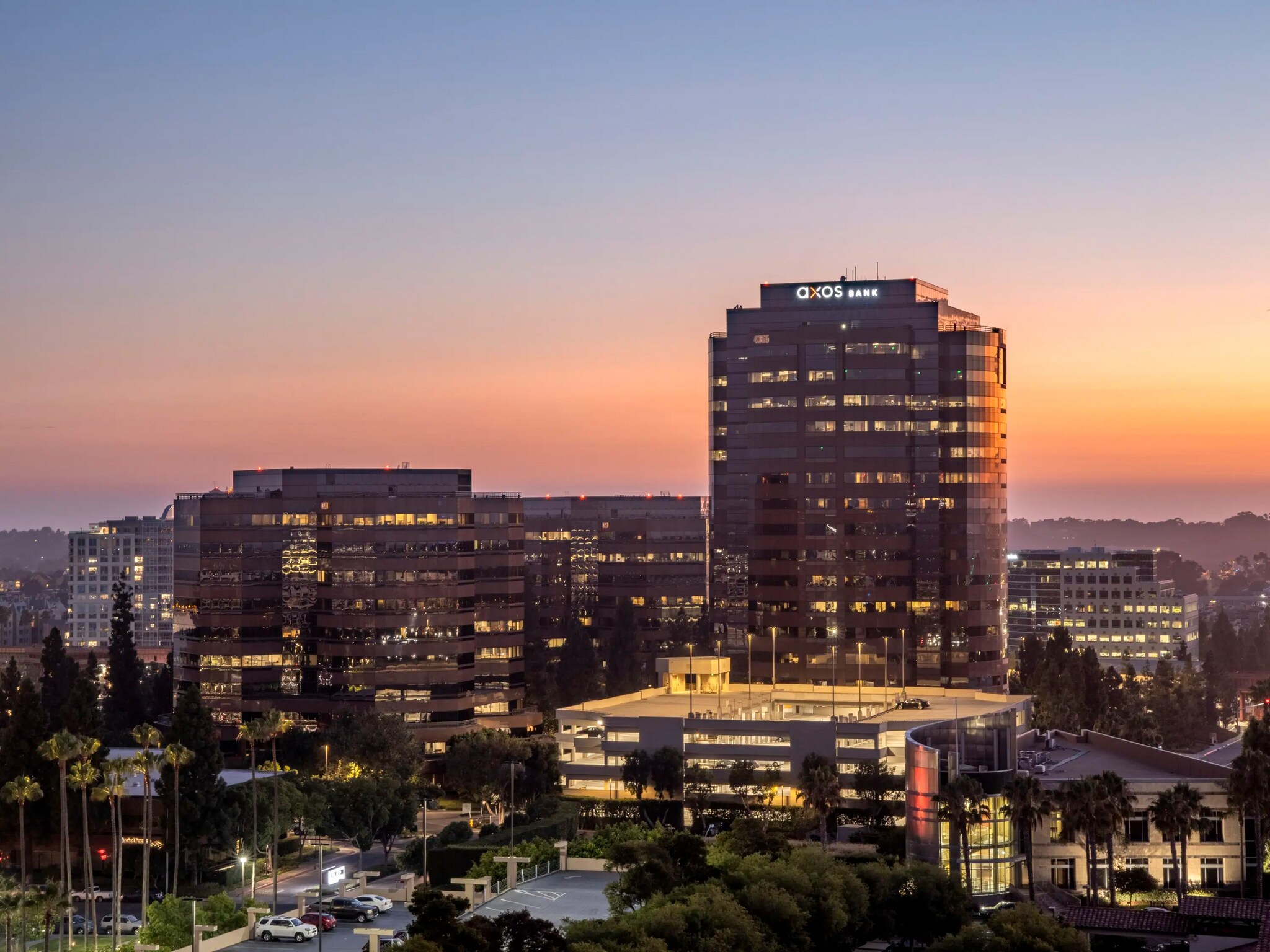 An Axos Bank office building at sunset in San Diego