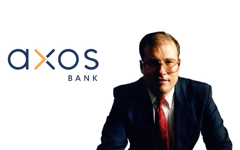 Archival portrait of Gary Lewis Evans beside the Axos Bank wordmark