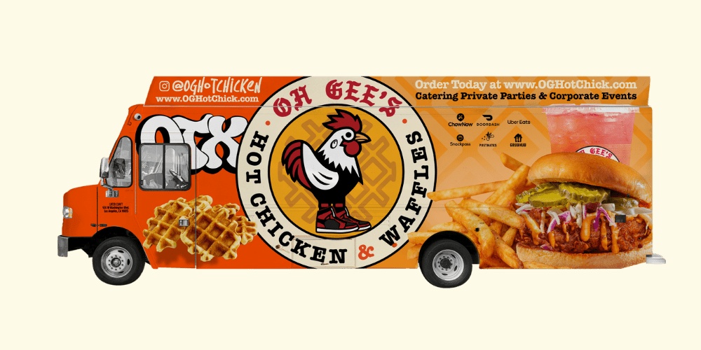 Oh Gee’s Hot Chicken and Waffles truck featuring a rooster logo and large food photography