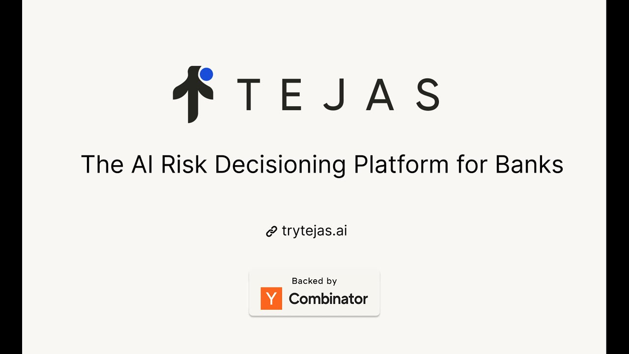 Tejas AI launch video title card describing an AI risk decisioning platform for banks