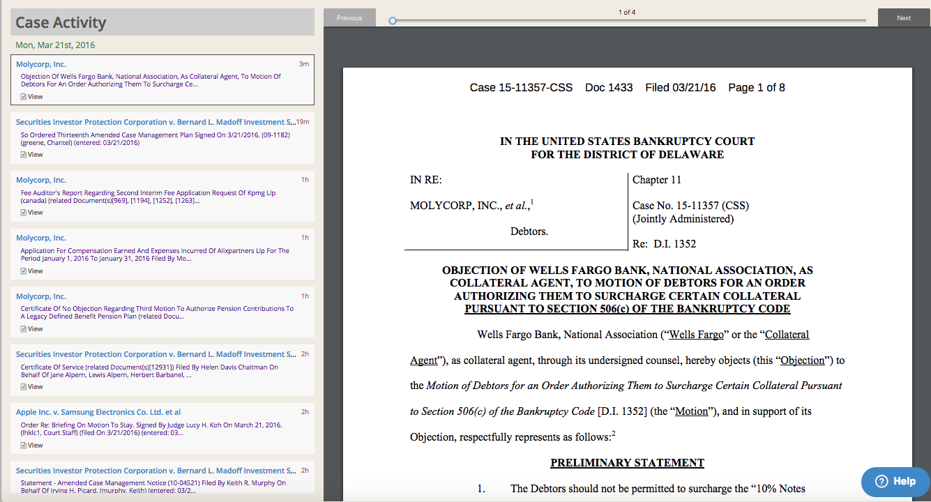 Historical PacerPro interface showing case activity and document navigation