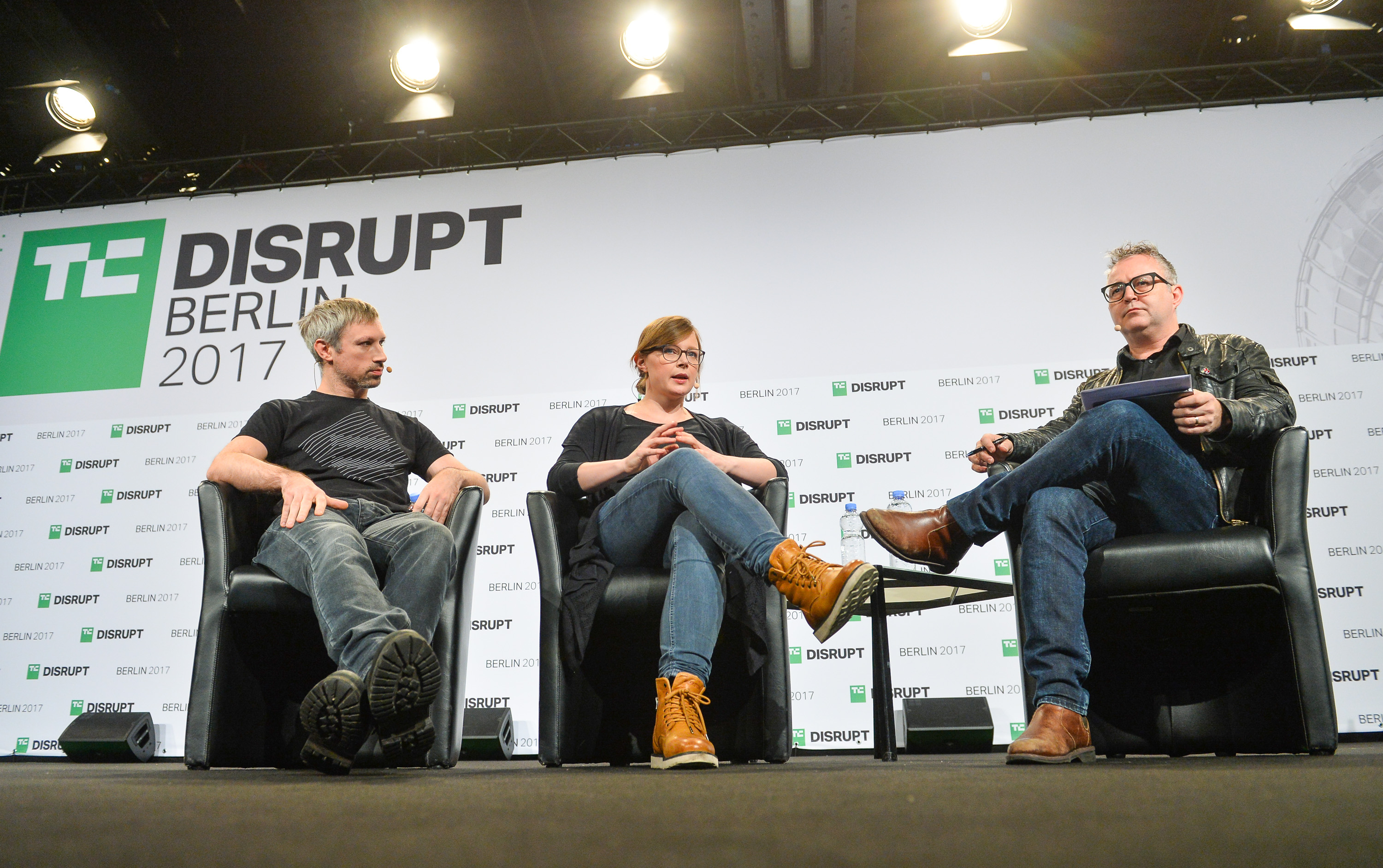 Gavin Wood and Jutta Steiner seated onstage with moderator Mike Butcher at TechCrunch Disrupt Berlin in 2017