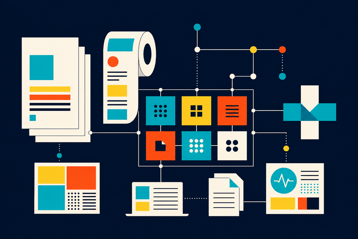 Abstract Swiss-style composition connecting paper, labels, workflow blocks and healthcare symbols