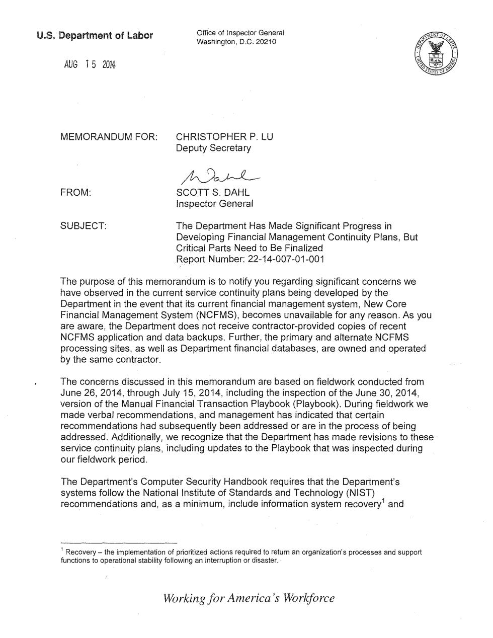 First page of Labor’s August 15, 2014 inspector general memorandum warning about financial-system continuity