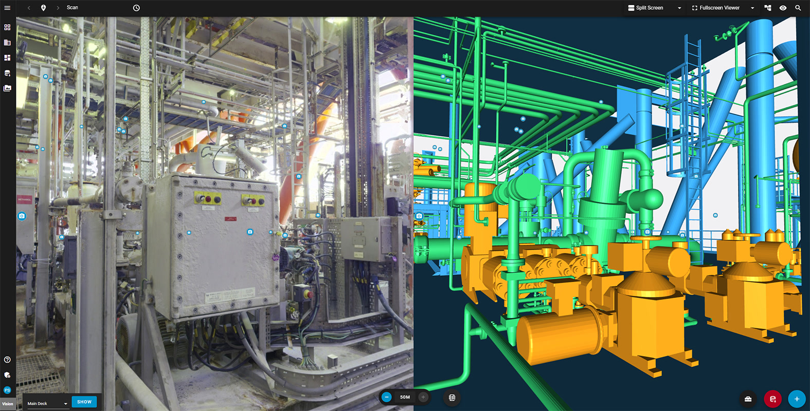 GDi Vision showing a photographed industrial plant beside its colour-coded 3D model