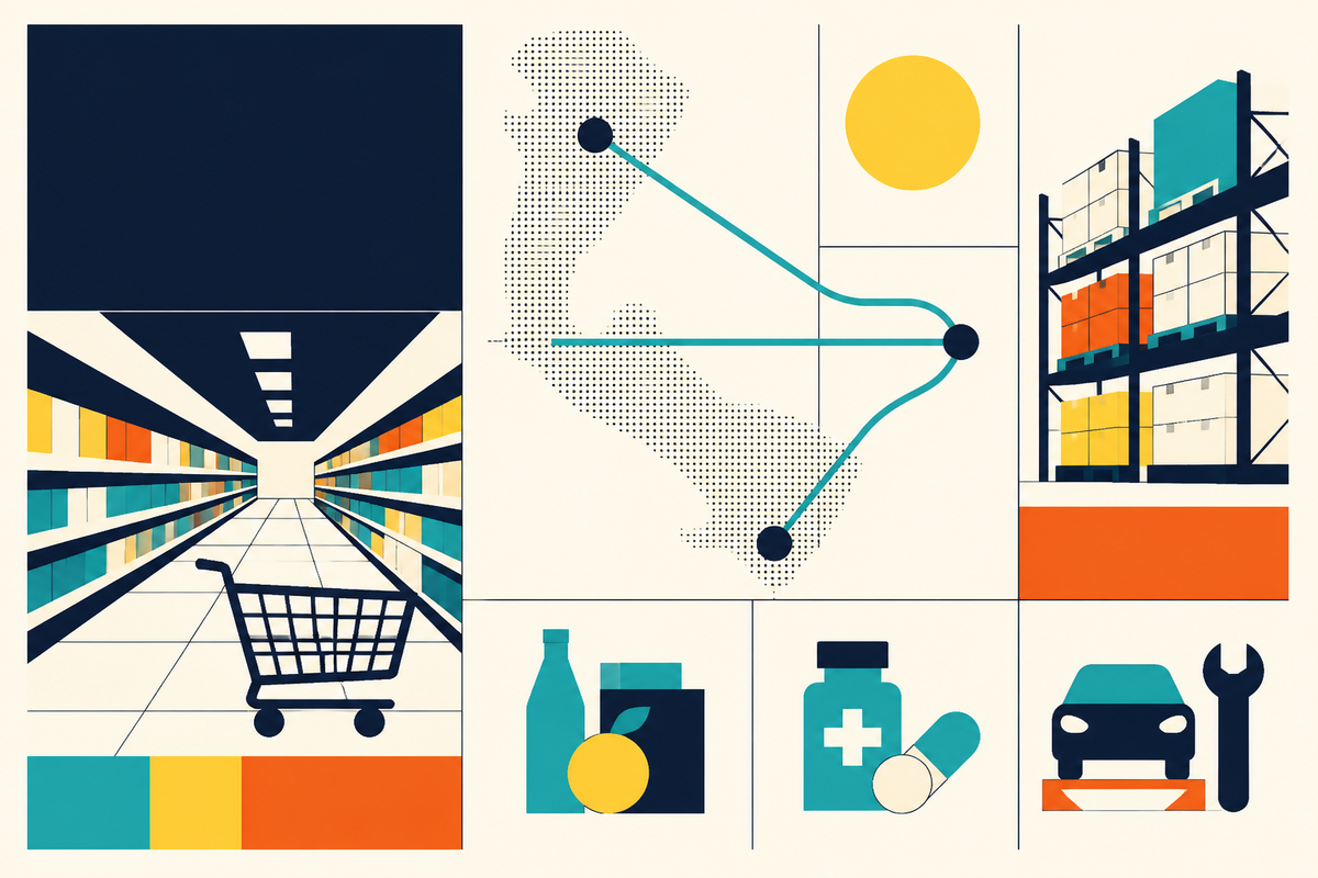 Minimal Swiss Style illustration connecting a supermarket aisle, warehouse racks, groceries, pharmacy and automotive service across an abstract map
