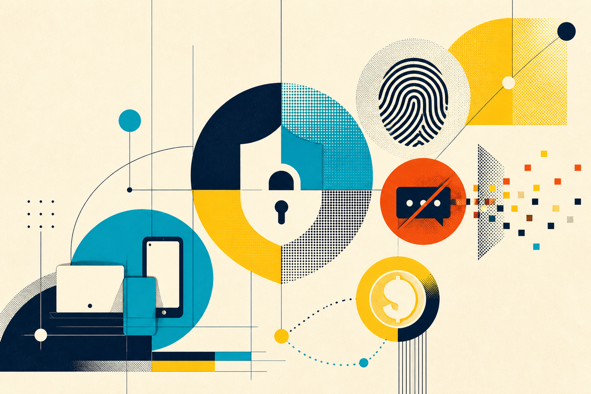 Abstract Swiss-style illustration of devices, identity, scams and money passing through a protective system