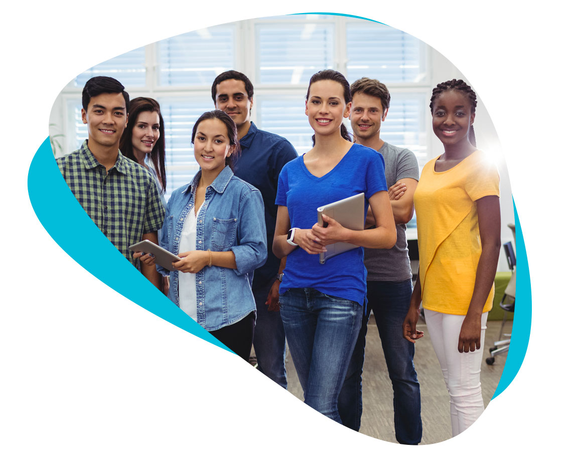 A group of people holding tablets in a workplace, used in Gen3 Marketing's company imagery