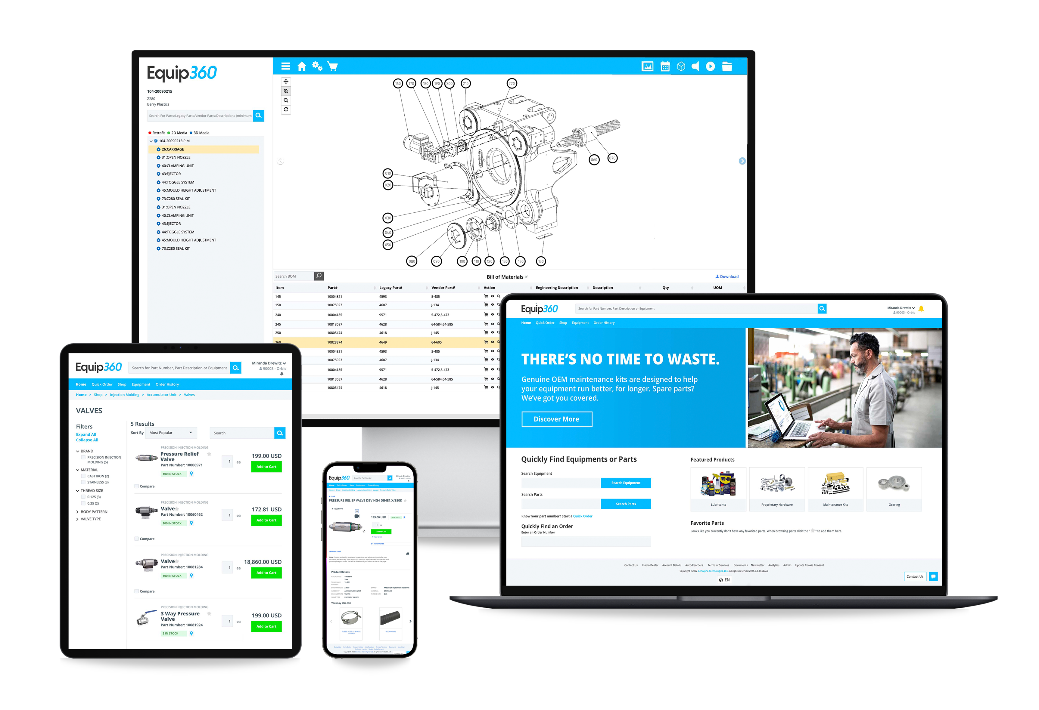 Equip360 shown across desktop, laptop, tablet and phone screens with an interactive exploded parts drawing and online catalog