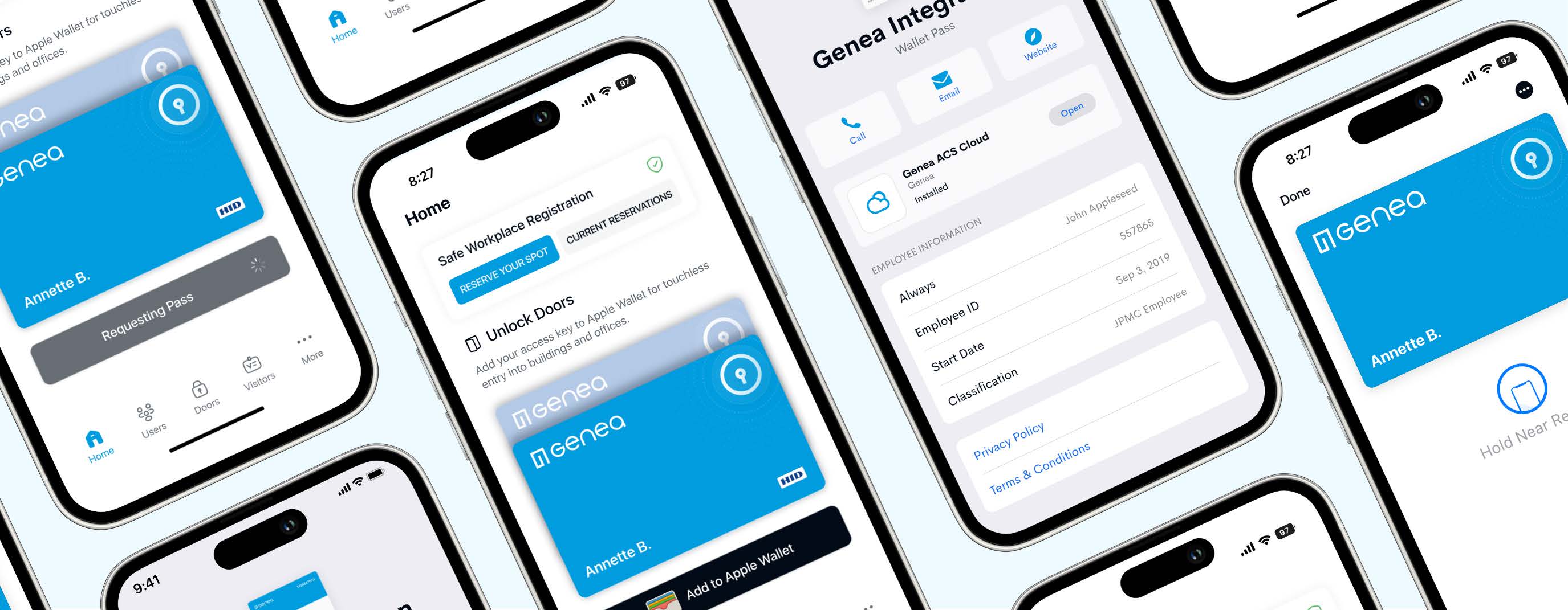 Genea mobile access screens and a digital employee badge in Apple Wallet