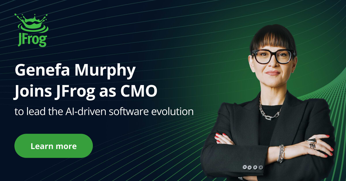 JFrog announcement graphic welcoming Genefa Murphy as chief marketing officer